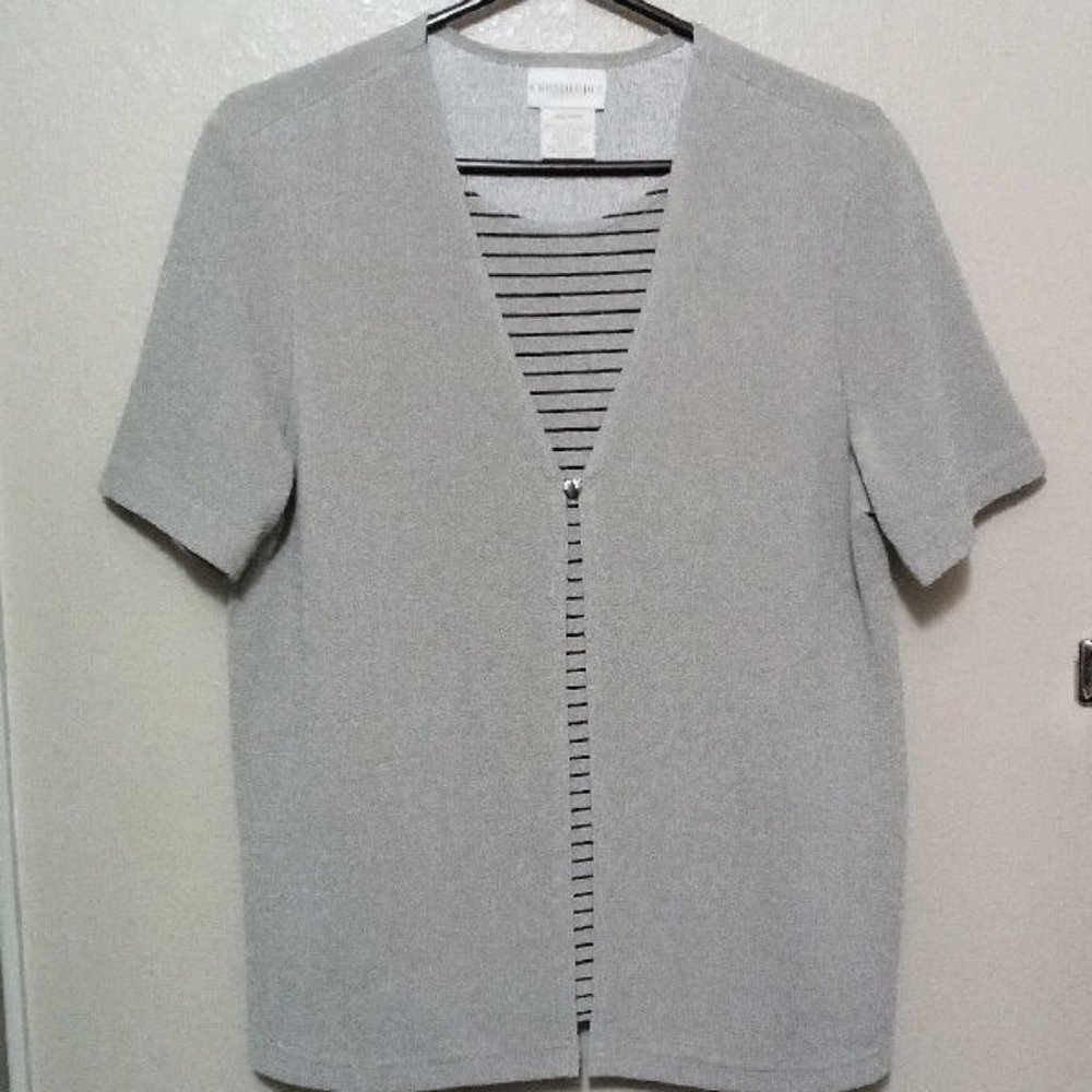 CHRISTIE & JILL BEIGE/BLACK STRIPE MOCK 2 PIECE SHORT SLEEVED SHIRT   SIZE LARGE